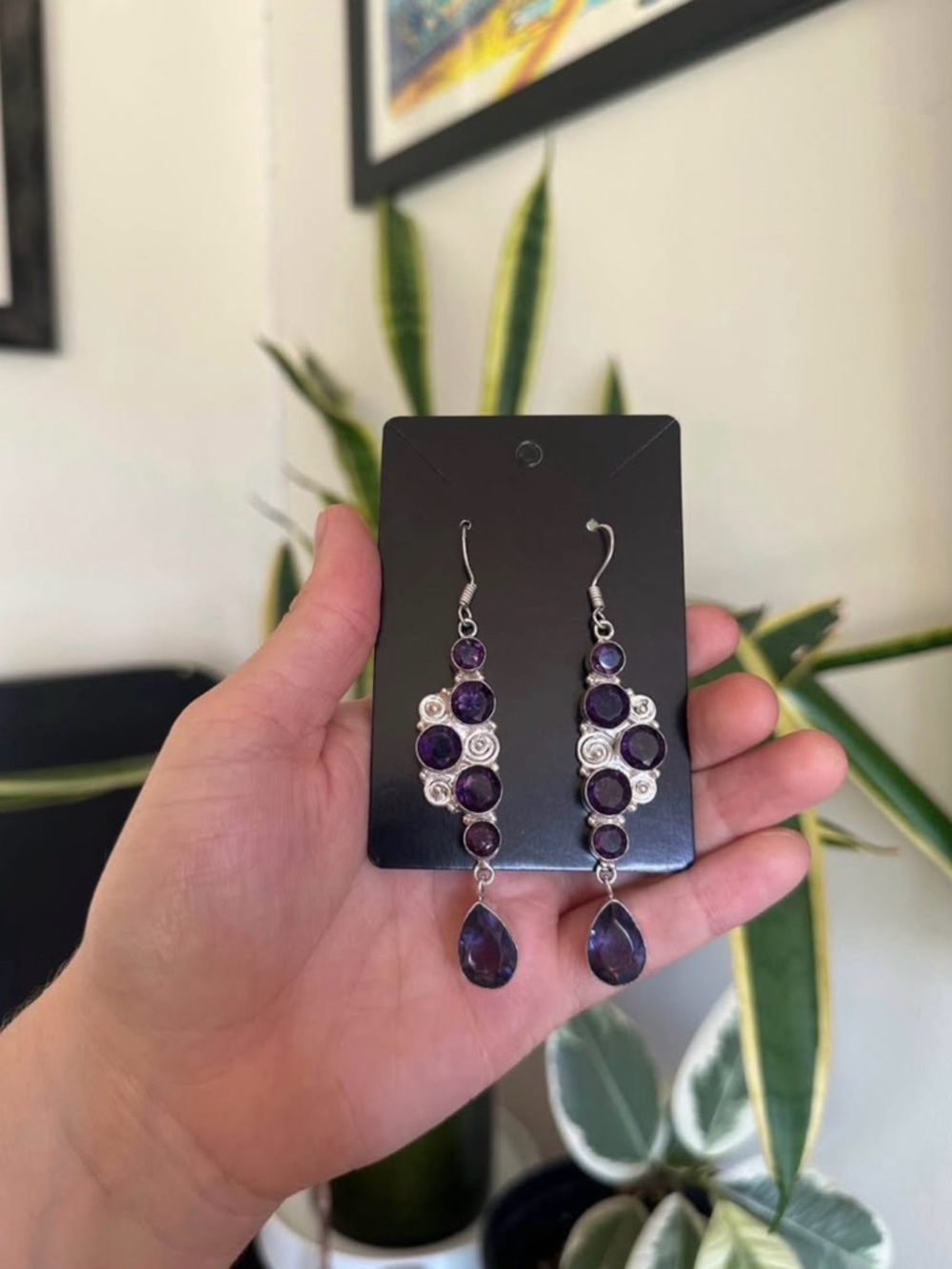 Vintage 925 Silver-Tone Amethyst Drop Earrings - Purple